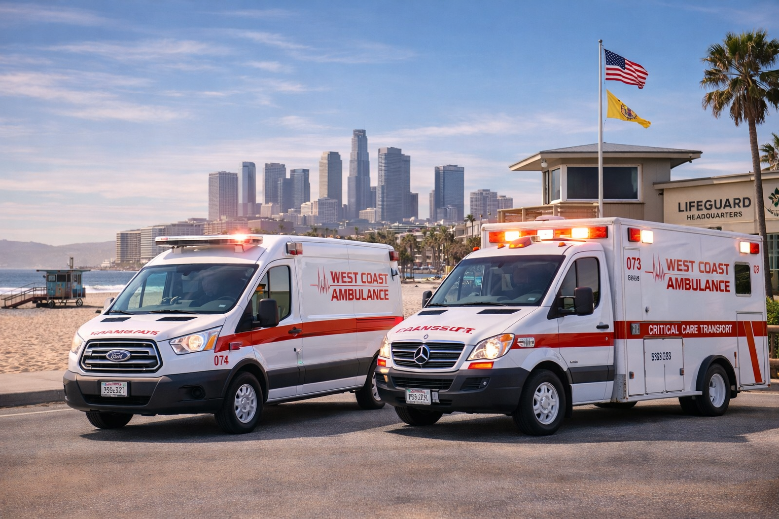 West Coast Ambulance fleet at beach with LA skyline